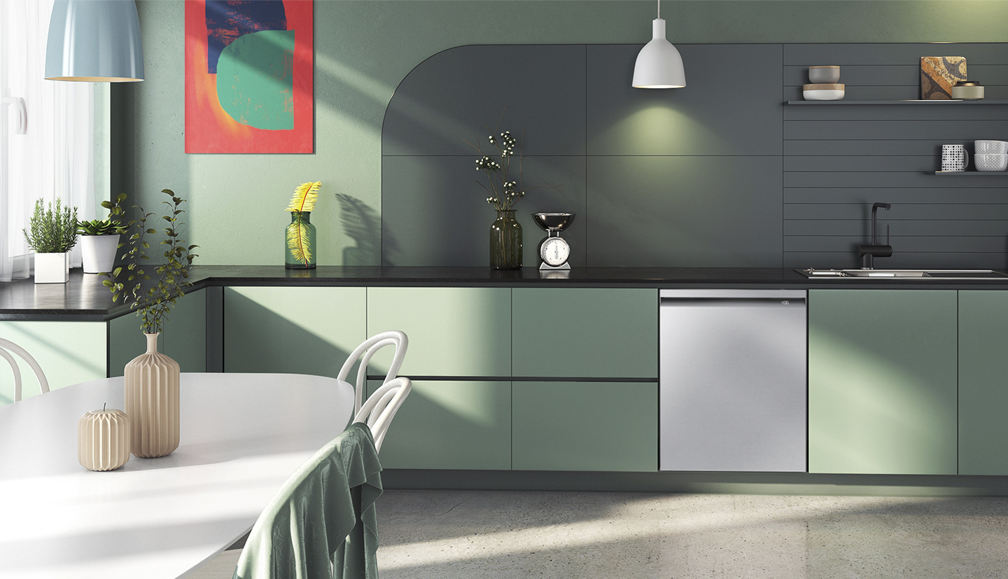 The Samsung DW80B7070US dishwasher featured in a modern green kitchen 