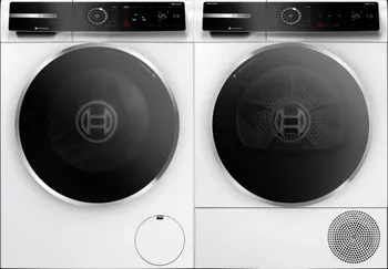 Front view of a laundry pair featuring the Bosch 500 Series WGB24600UC washer and Bosch 500 Series WQB245B0UC dryer 