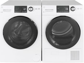 Front view of a laundry pair featuring the GE GFW148SSMWW washer and GE GFT14ESSMWW dryer
