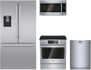 Front view of a Bosch 4-piece kitchen package with a French door refrigerator, slide in electric range, dishwasher, and over the range microwave
