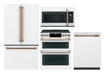 Front view of a Cafe 4 piece kitchen appliance package with a French door refrigerator, slide in double oven range, dishwasher, and over the range microwave 