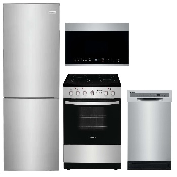 A Frigidaire 4 piece kitchen appliance package featuring a bottom freezer refrigerator, 24” electric range, 18” dishwasher, and over the range microwave 