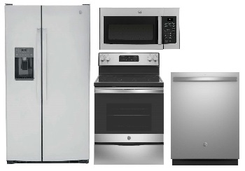 Front view of a GE 4 piece kitchen appliance package featuring a side by side refrigerator, freestanding electric range, dishwasher, and over the range microwave 