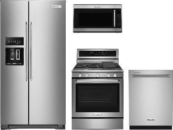 Front view of a KitchenAid 4 piece kitchen appliance package featuring a side by side refrigerator, freestanding gas range, dishwasher, and over the range microwave 