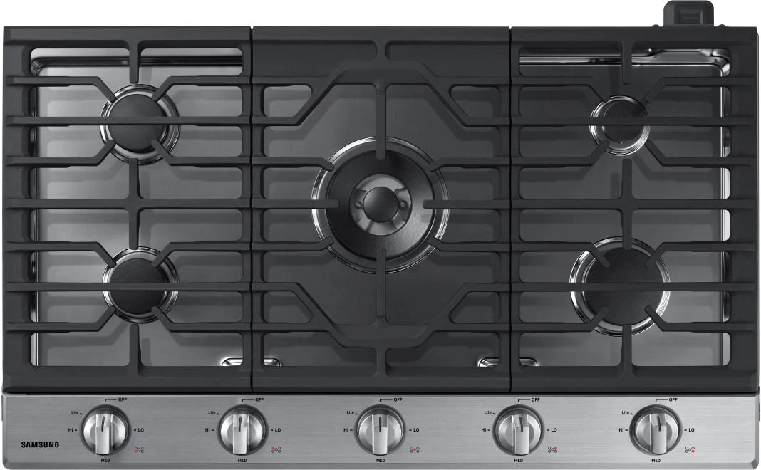 Overhead view of the Samsung NA36N6555TS 36” gas cooktop 
