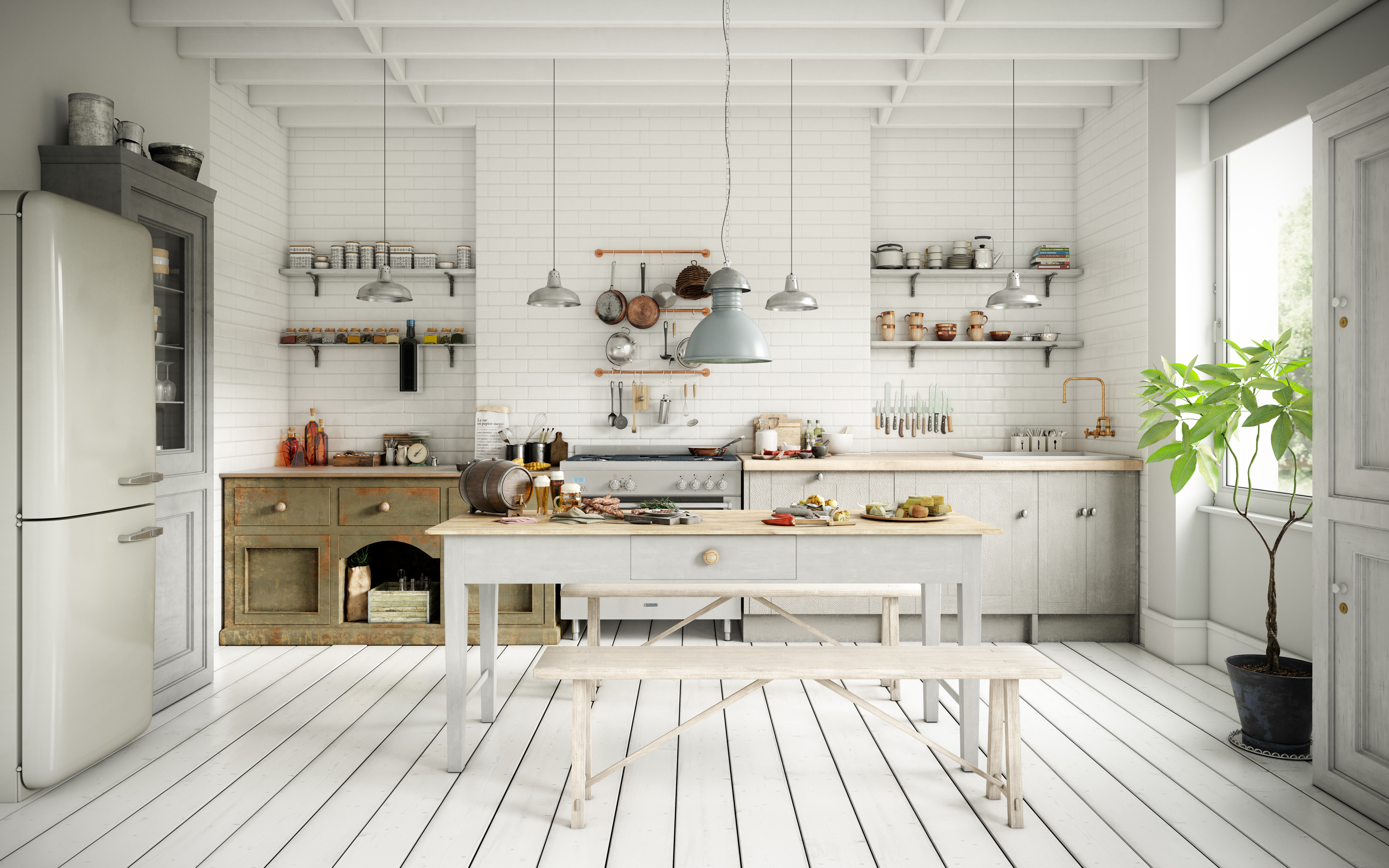 A farmhouse-style kitchen with white appliances 