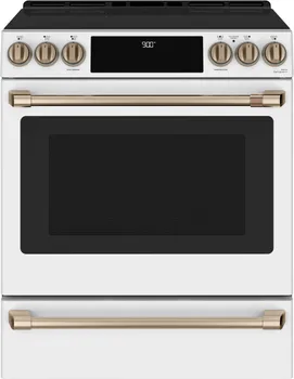Front view of Café CHS900P4MW2 30-inch slide-in induction range in white and gold finish 