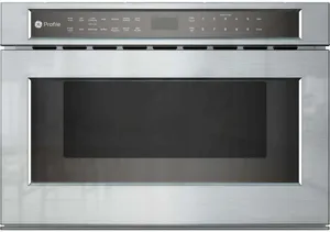 Front view of the GE Profile PWL1126SWSS microwave drawer