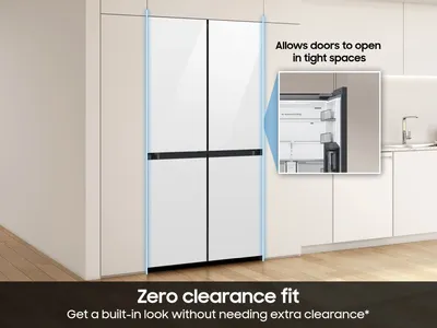 An infographic for the Samsung RM80F22WEW refrigerator describing the zero-clearance doors 