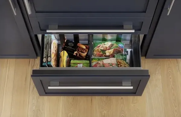 A close-up of the open Thermador Freedom T36IB100SP refrigerator drawer