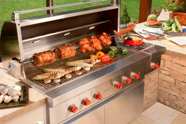 A variety of items grilling on the Wolf OG54-LP grill 