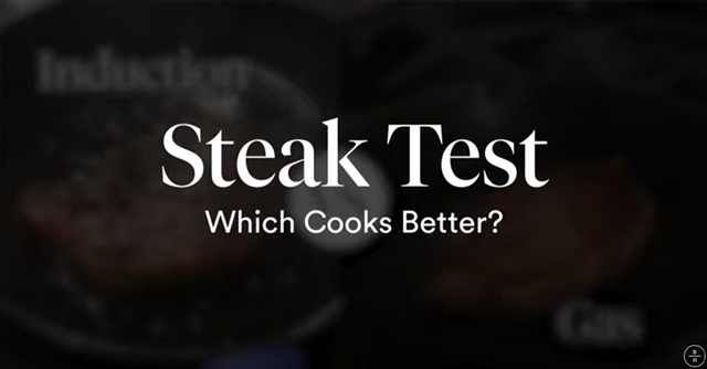Blurred image of two steaks being cooked (one on induction one on gas) with the text "Steak Test: Which Cooks Better" overlayed on top.