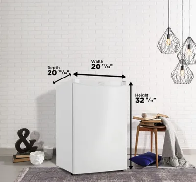 An infographic showing the dimensions of the Danby Designer Series DAR044A4WDD refrigerator