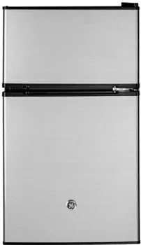 Front view of the GE GDE03GLKLB compact refrigerator 