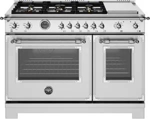 Front view of the Bertazzoni Heritage Series HER486BTFEPXT dual fuel range