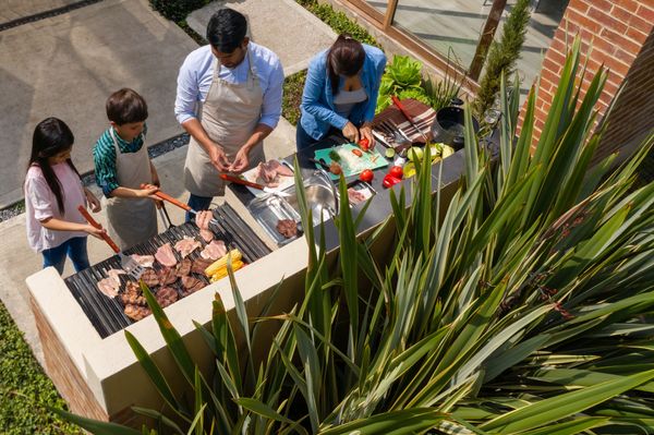 Aerial view of a family grilling outdoors 