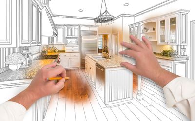 A graphic of a person drawing up a kitchen design 