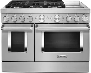 Front view of the KitchenAid KFDC558JSS dual fuel range 