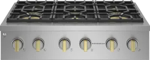 Front view of the Monogram Statement Collection ZGU366NTSS rangetop