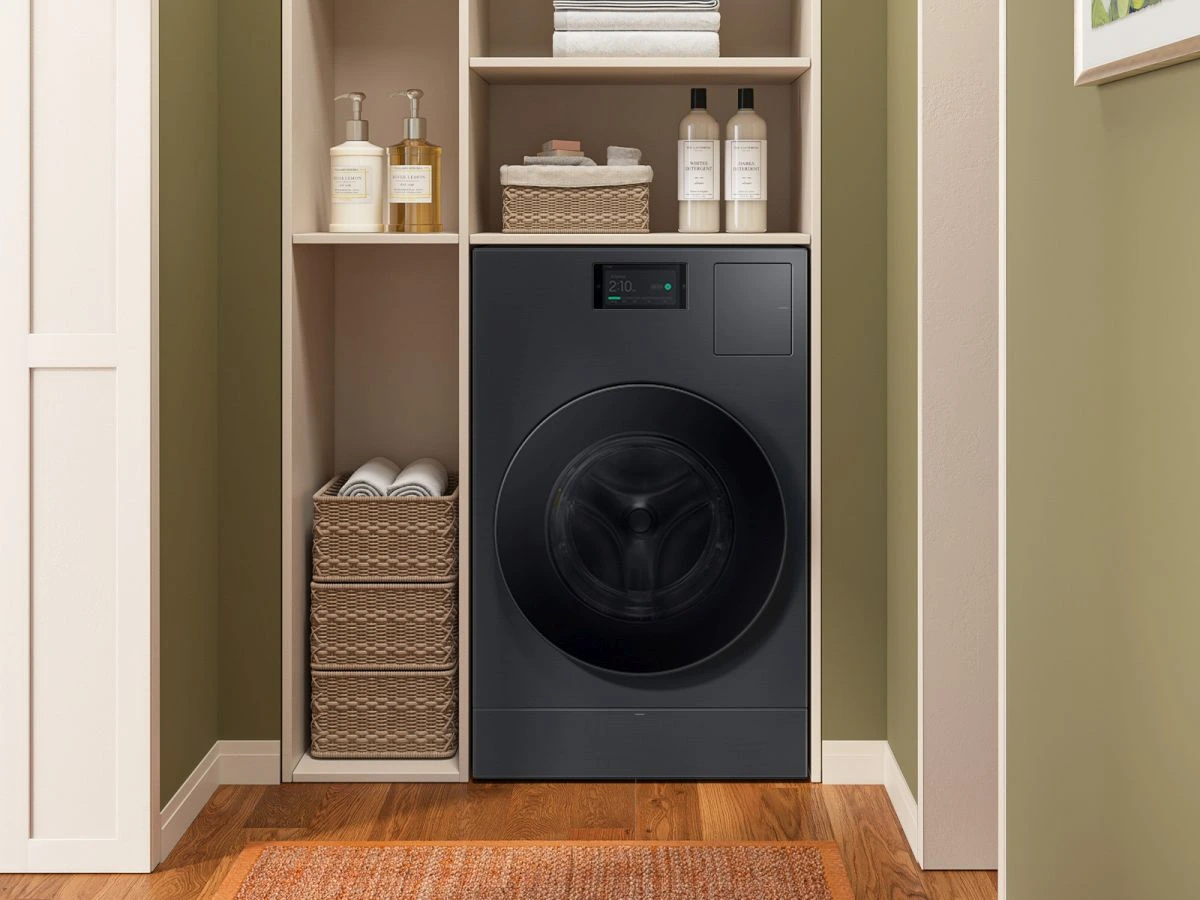 The Samsung Bespoke WD53DBA900HZ washer dryer in a closet 