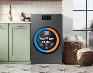 An infographic illustrating the Samsung WD53DBA900HZ washer dryer combo 98-minute cycle time 