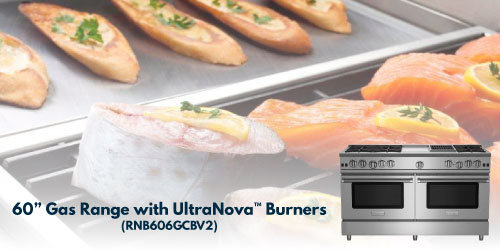 Image of BlueStar's 60” Freestanding Gas Range with UltraNova™ Burners (RNB606GCBV2) in a luxury kitchen.
