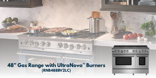 Image of BlueStar's 48” Freestanding Gas Range with UltraNova™ Burners (RNB488BV2LC) in a luxury kitchen.