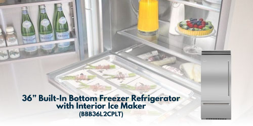 Image of BlueStar's 36” Built-In Bottom Freezer Refrigerator with Interior Ice Maker (BBB36L2CPLT) in a luxury kitchen.