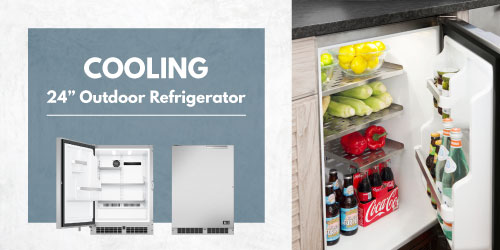 Credit: DCS & FUSE Specialty Appliances Image of DCS 24-inch Outdoor Compact Refrigerator RF24RE4 on a luxury patio.