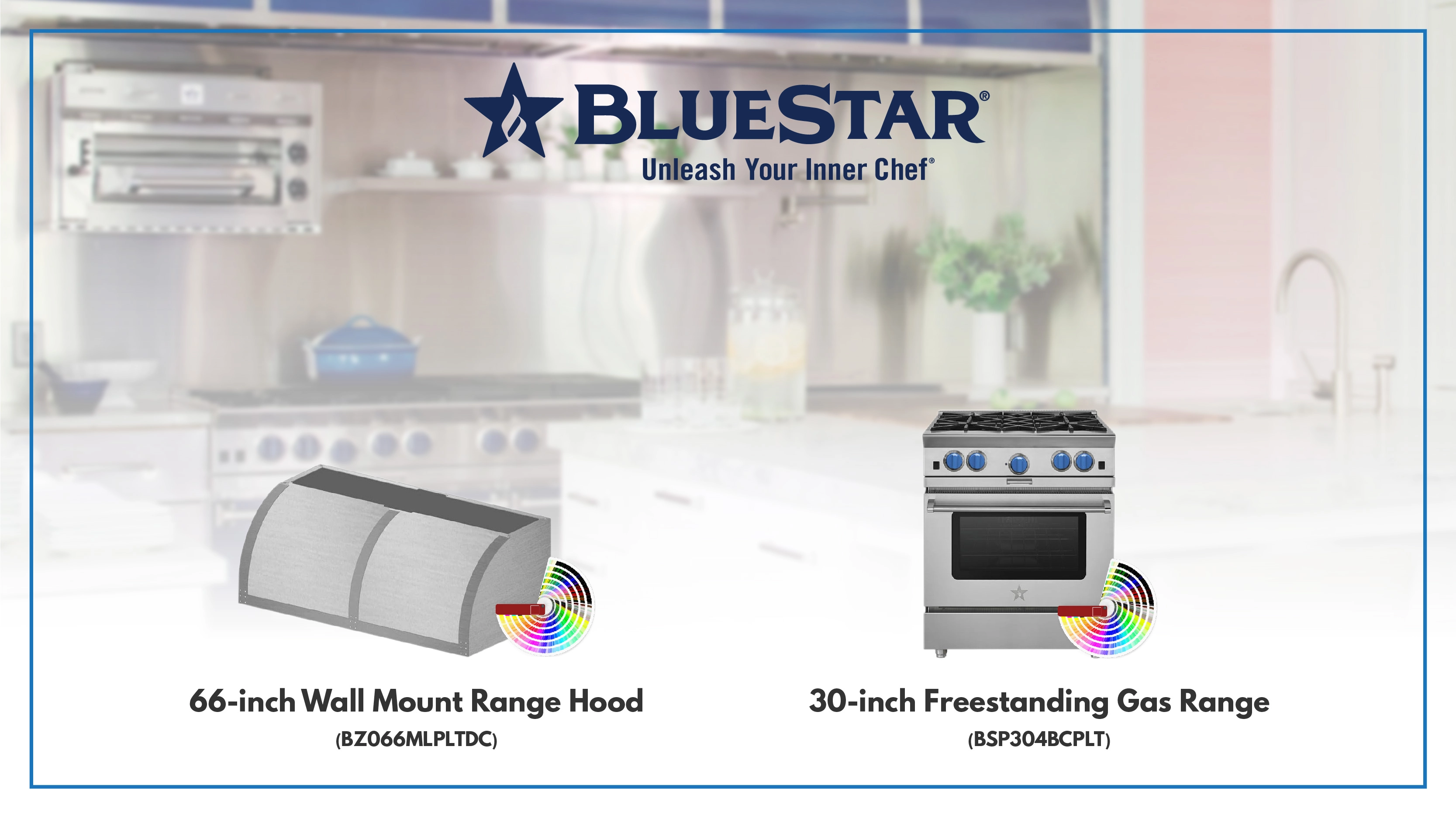Image of products from BlueStar's customizable appliance line.