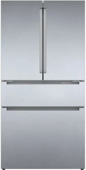 Front view of the Bosch 800 Series French door refrigerator 