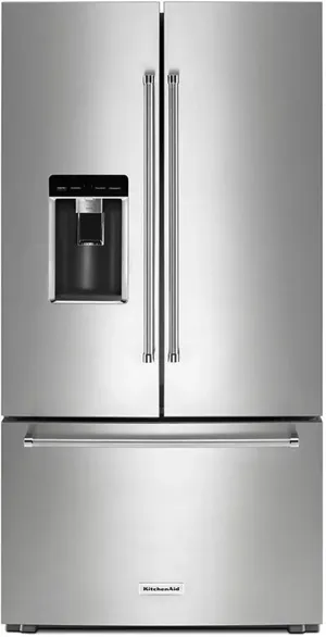 Front view of the KitchenAid KRFC704FPS French door refrigerator 