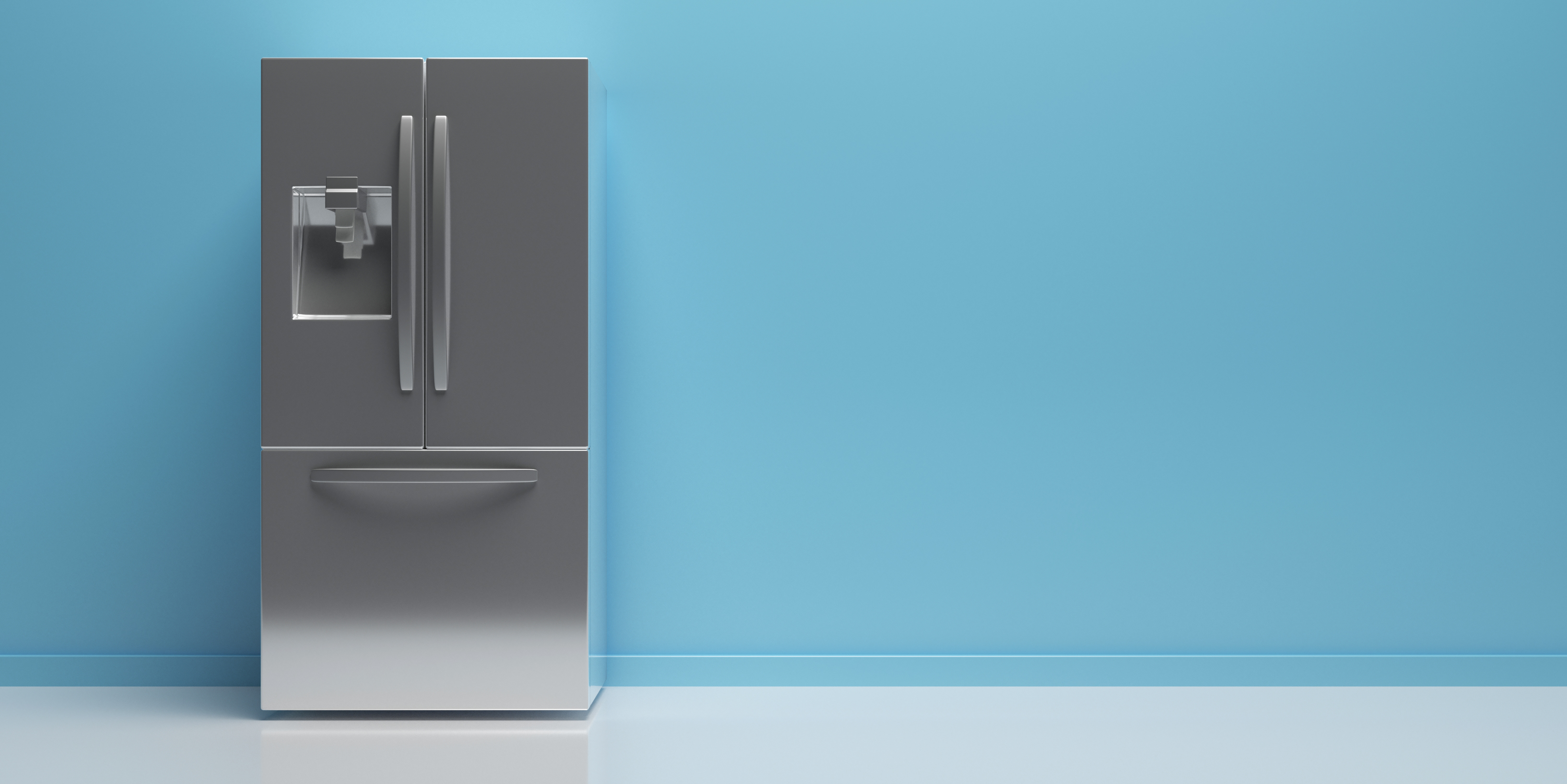 A stainless steel French door refrigerator against a teal background 