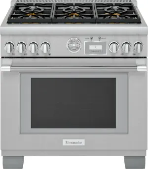 Front view of the Thermador PRD366WGU 36” dual fuel range 