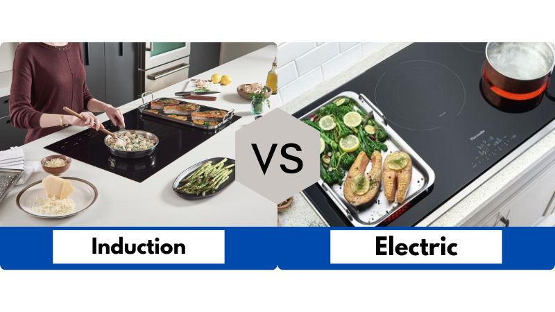 Side by side image of a person cooking on an induction and electric cooktop