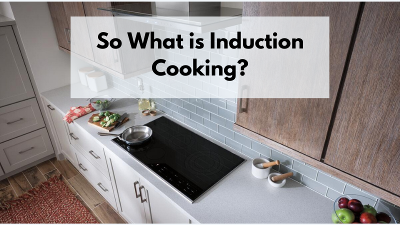 An induction cooktop in the foreground of a banner asking what is induction cooking?