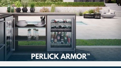 An outdoor Perlick refrigerator in a modern stylish backyard