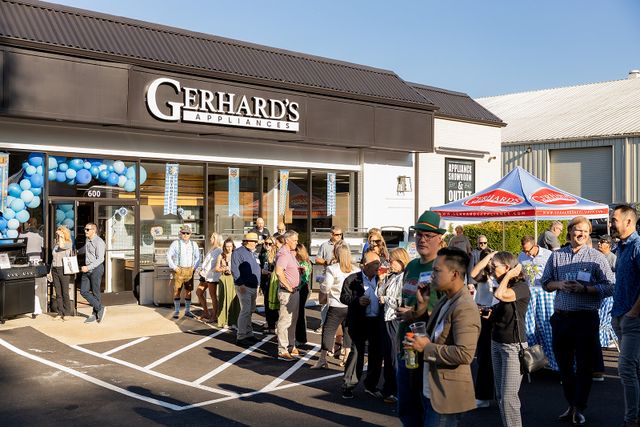 Credit: Ken Black Productions Front view of a line of customers outside of Gerhard's Appliances King of Prussia grand opening
