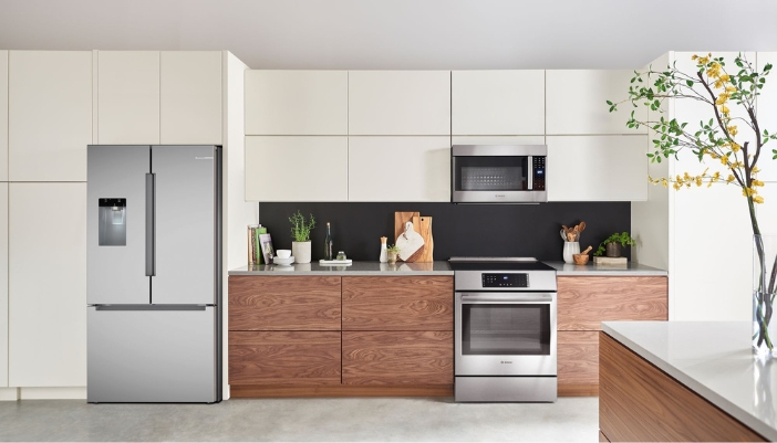 A modern kitchen filled with Bosch appliances showing a sleek look