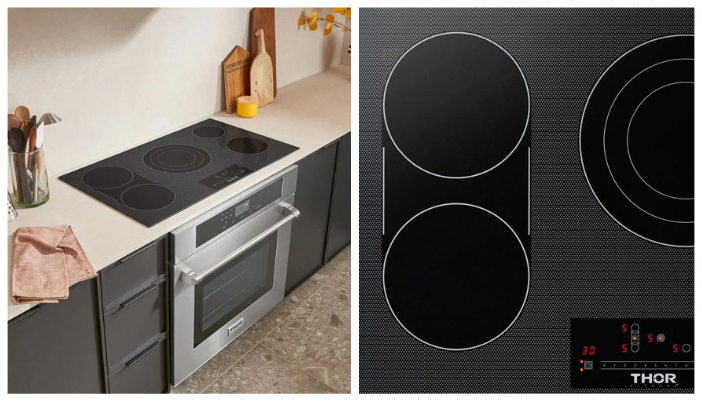side by side view of THOR electric cooktop, one in a home, one isolated product
