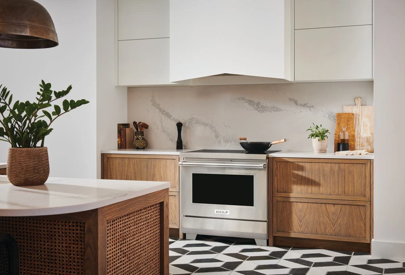 Black and white floor with white kitchen stove