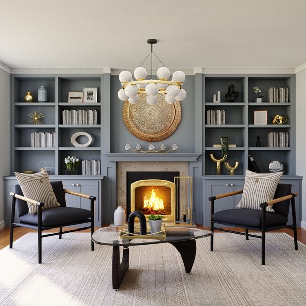 Fireplace and bookshelves in a contemporary style living room