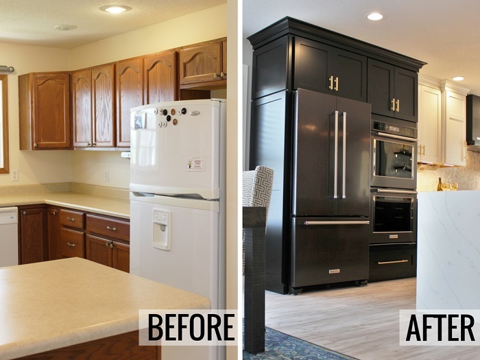 Before and after side by side images of kitchen remodel from oak cabinets and white fridge to painted black and white kitchen with black stainless appliances