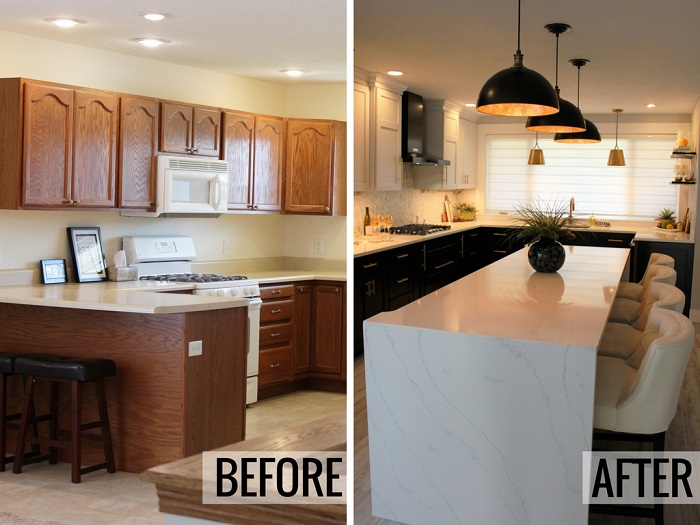 before and after side by side of oak kitchen and new painted kitchen with waterfall white quartz counters