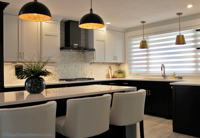 Kitchen with black and gold lighting and custom transitions window shades