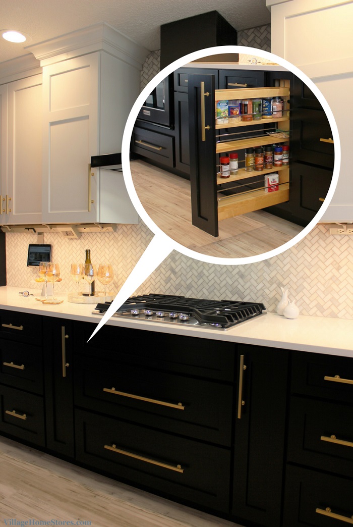 image of cooking zone wall with inset image of pull out spice rack cabinet open