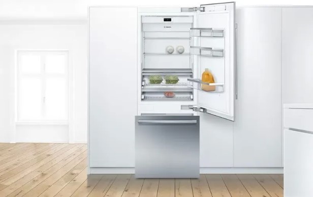 Bosch 30 inch refrigerator in a white kitchen