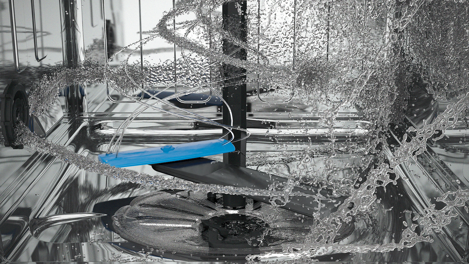 A close up look at Frigidaire’s BladeSpray arm shooting water 