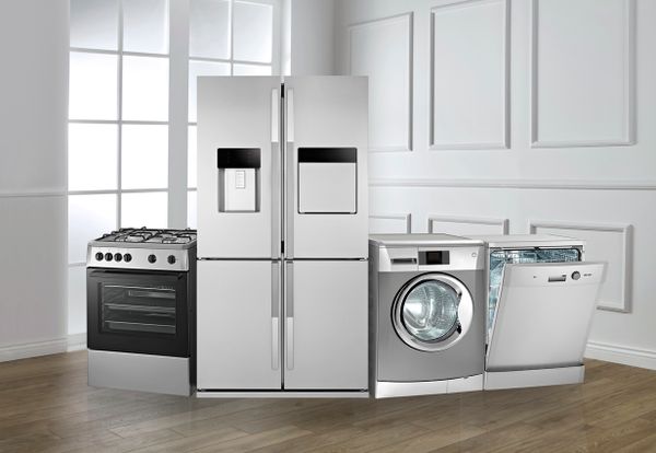 A graphic of stainless steel appliances in a kitchen 