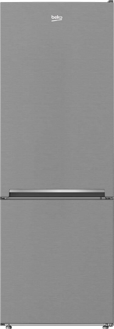 Stock photo of a stainless steel Beko brand bottom freezer refrigerator.